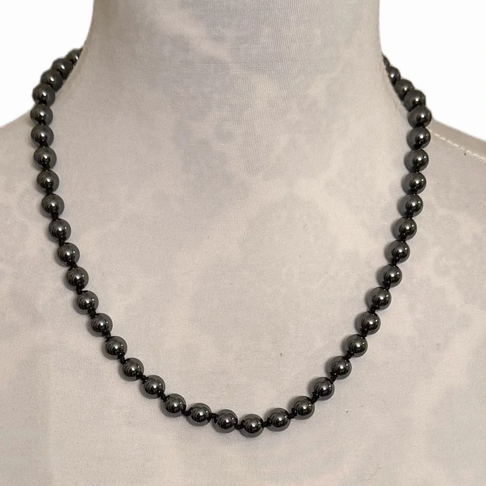 Genuine Hematite Beaded Necklace- Knotted between Each Bead | Minimalist Jewelry